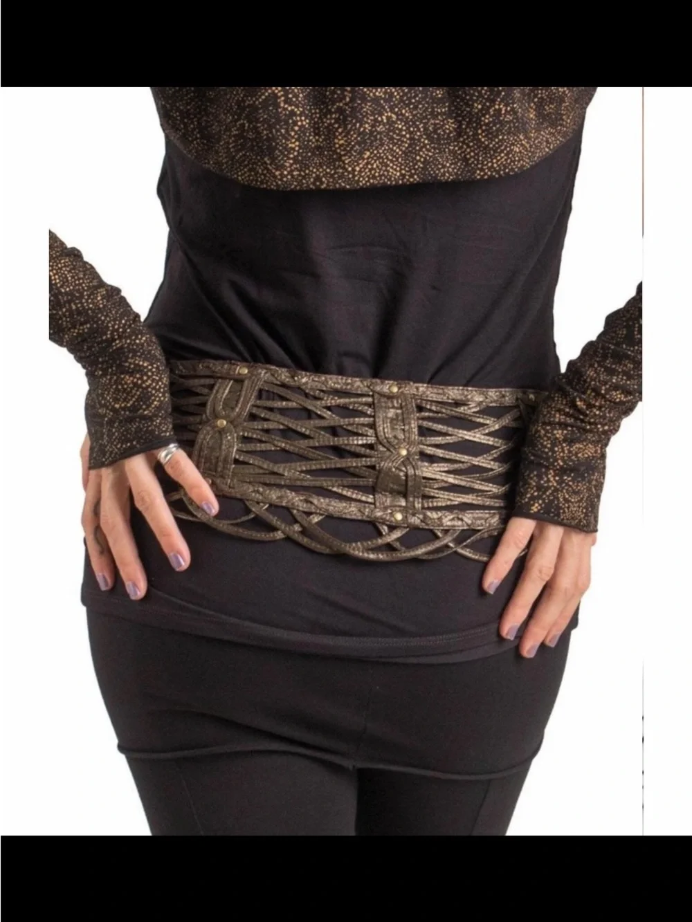 Boho hippie steampunk HIPSTIRR Lulu leather, laced dress belt, brass hook sz sm